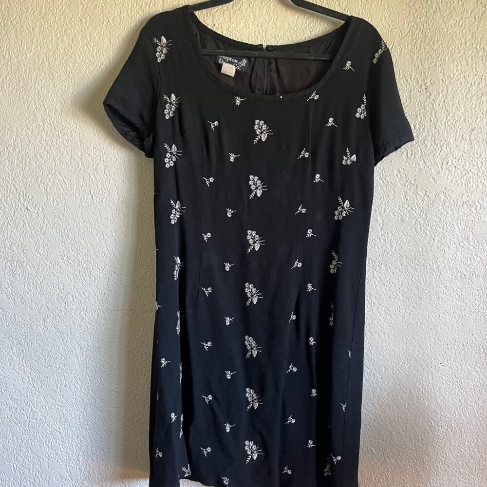 Women's 14 Vintage Black Floral Embroidered Mini Dress EUC